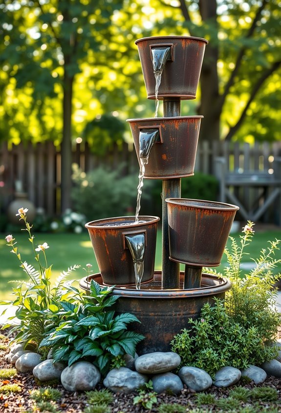 cascading rustic bucket fountain