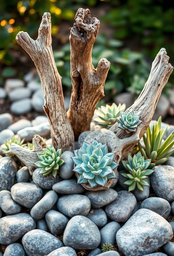 driftwood enhances stone gardens