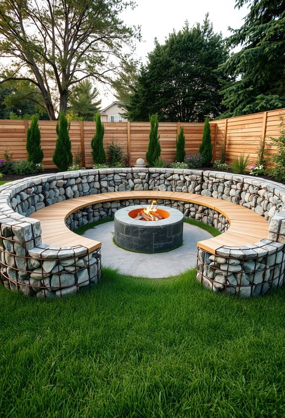gabion wall fire pit seating
