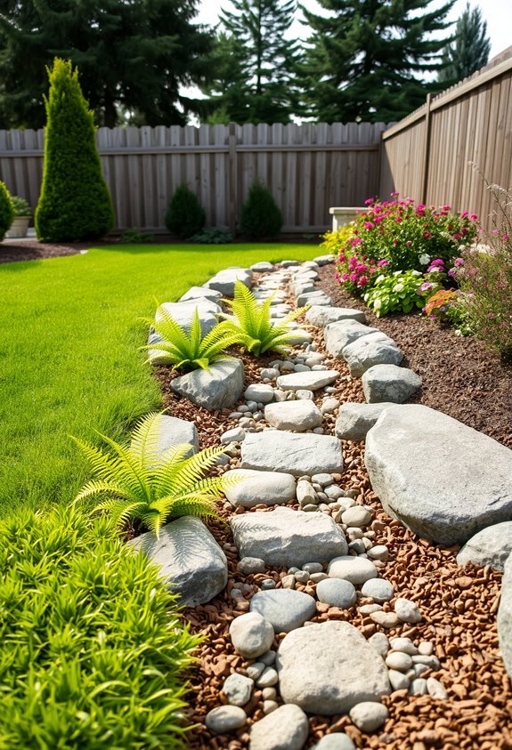 rocks mulch drainage greenery