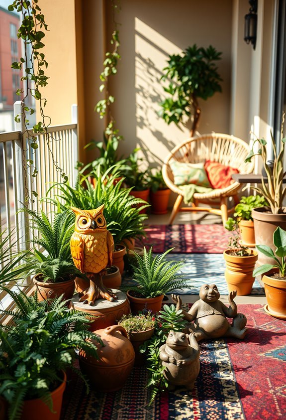 whimsical statues enhance balconies